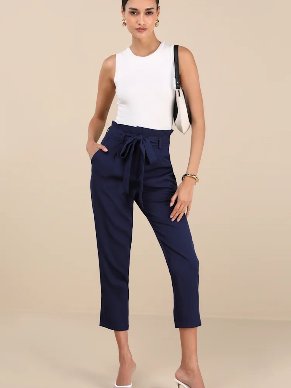 With Confidence Navy Blue Paper Bag Waist Pants
